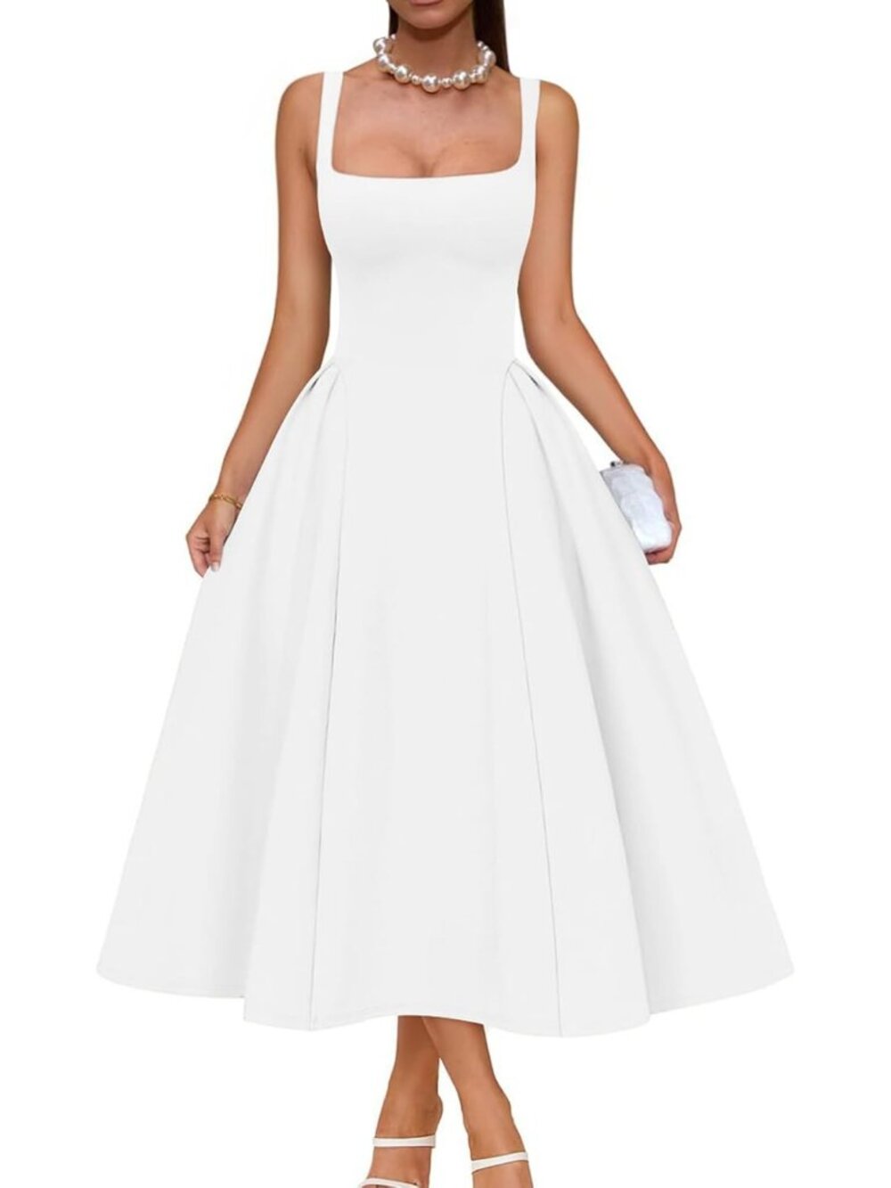 Women's White Square Neck Cocktail Graduation Double layered Party Midi Dress